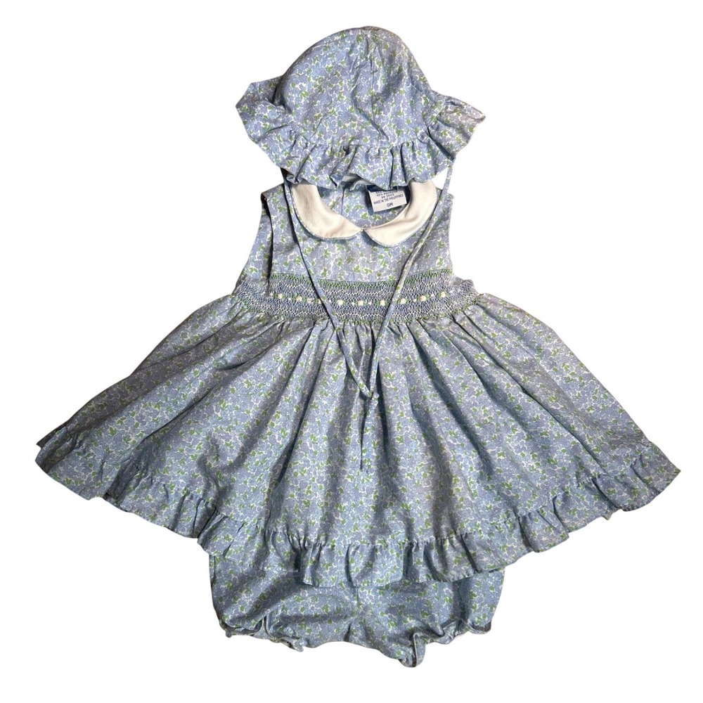VTG Carriage Boutiques Baby Girls Blue Floral Smocked Dress Bloomers Hat Set 9M